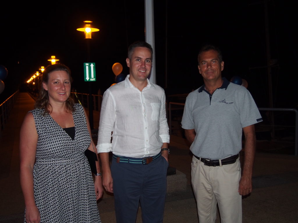Guests Australia’s Consul to Phuket, Craig Ferguson and his wife are greeted by Marina Manager, Derrick Van Deventer at the re-opening of Ao Po Grand Marina’s d’ deck bar.