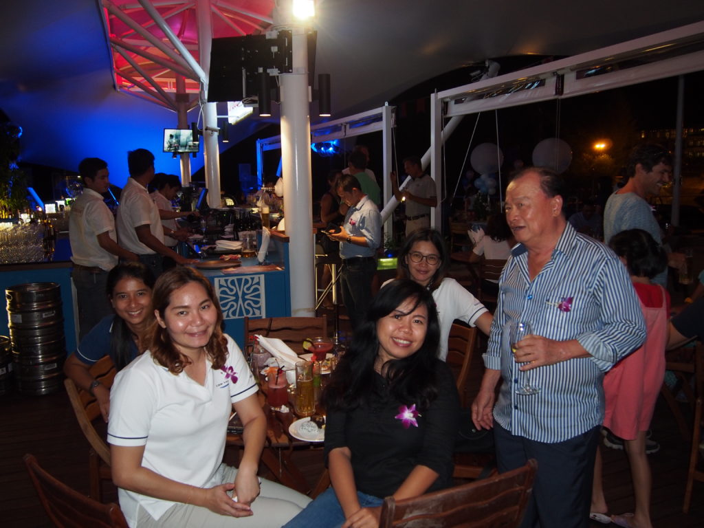 Ao Po Grand Marina’s Managing Director, Kasem Chiarasomboon greets guests at the re-opening of d’ deck bar.